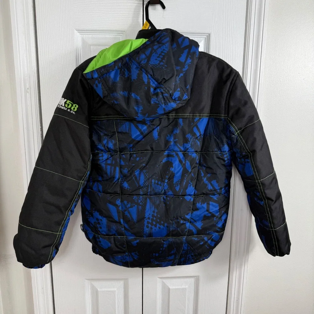 HK58 Hawke & Co Boys XL 14/16 Puffer Jacket Blue Black Neon Green Hooded Coat